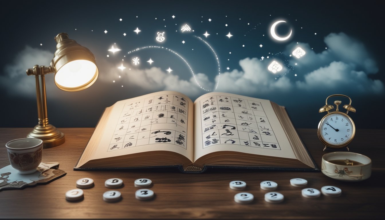Buku tafsir mimpi terbuka di atas meja kayu dengan benda-benda simbolis dan suasana mimpi yang lembut.