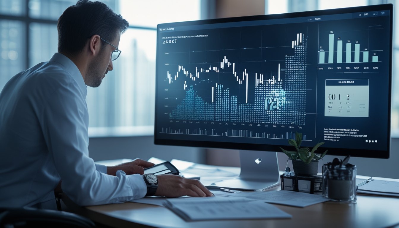 Seorang analis memeriksa grafik data abstrak di ruang kerja modern.