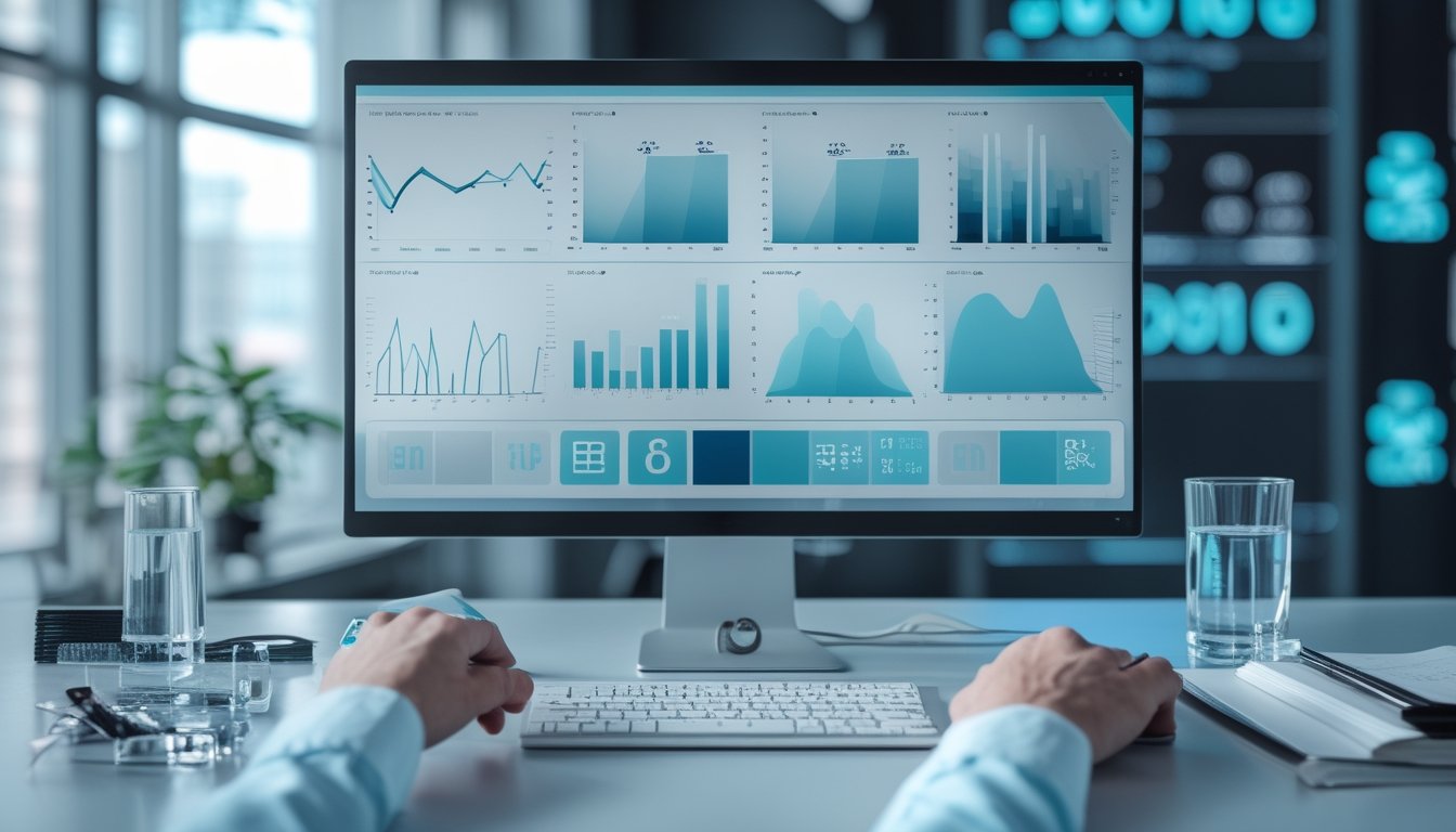 Analis memeriksa grafik pola data abstrak pada monitor di meja kerja modern.