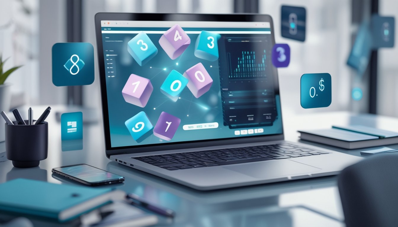 Meja kerja modern dengan laptop menampilkan antarmuka permainan angka tiga dimensi yang abstrak, disertai buku catatan, pena, dan ponsel.