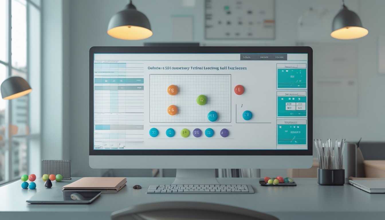 Seorang analis mempelajari tampilan digital dengan pola angka dan diagram di meja kerja.