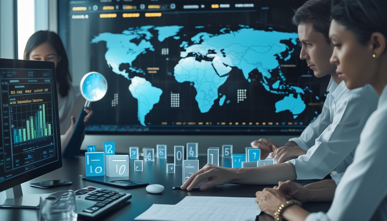 Analis mengamati kubus angka tiga dimensi, peta dunia, dan grafik data di ruang kerja modern.
