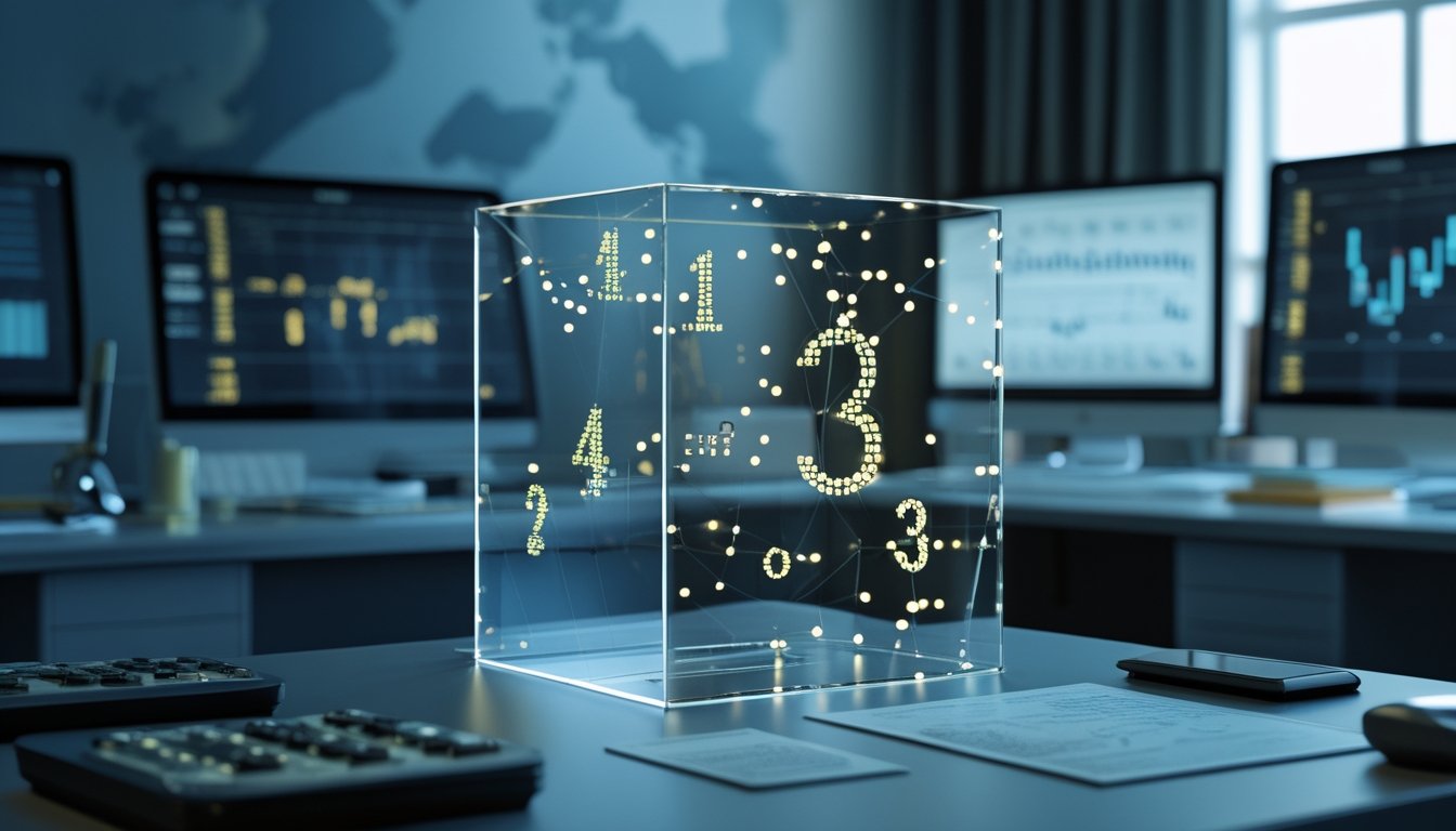 Kubus tiga dimensi bercahaya berada di meja analisis dengan globe dan grafik data abstrak di latar belakang.
