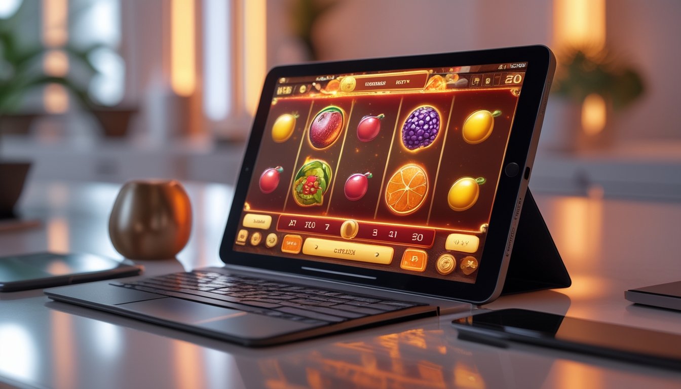 Perangkat digital menampilkan permainan slot bertema buah dengan cahaya merah dan keemasan di atas meja.
