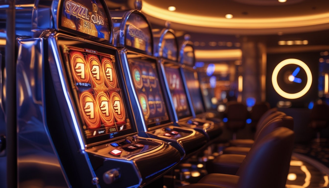 Mesin slot bercahaya di ruang permainan mewah dengan nuansa merah dan emas.