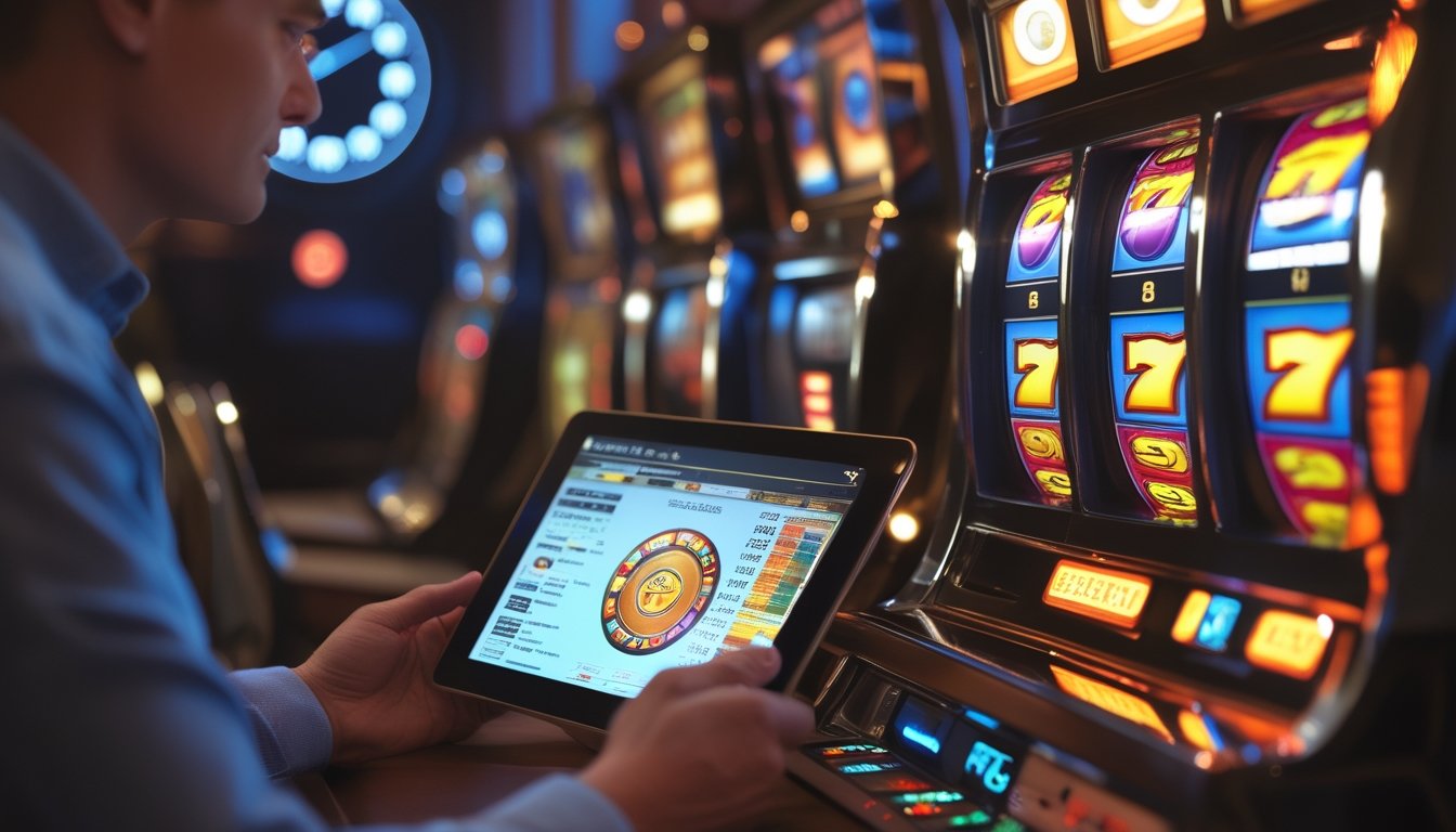 Pemain mengamati mesin slot bercahaya dan grafik abstrak di ruang permainan modern.