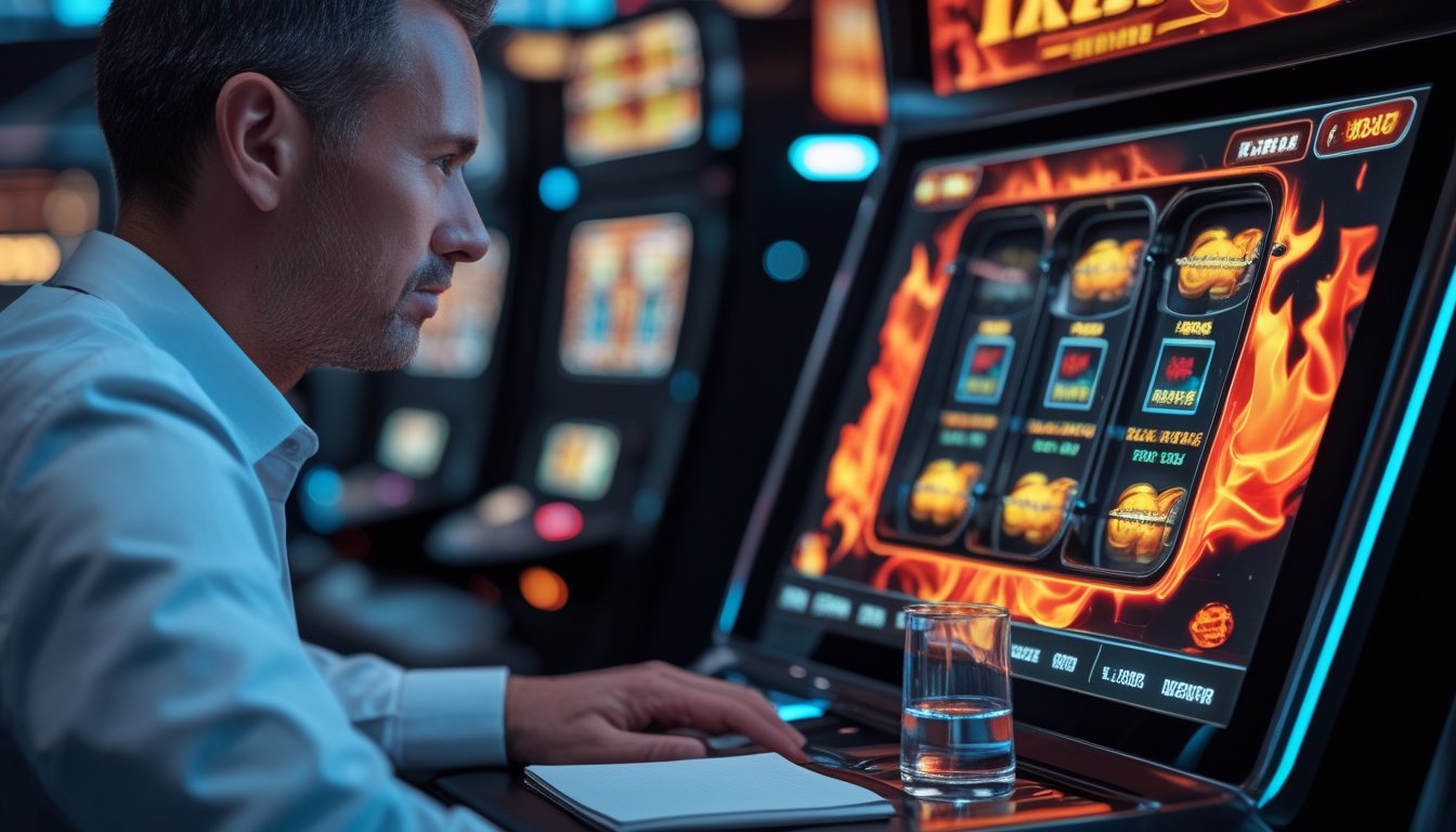 Seorang pemain memeriksa data permainan slot bertema api sebelum mulai bertaruh di kasino.
