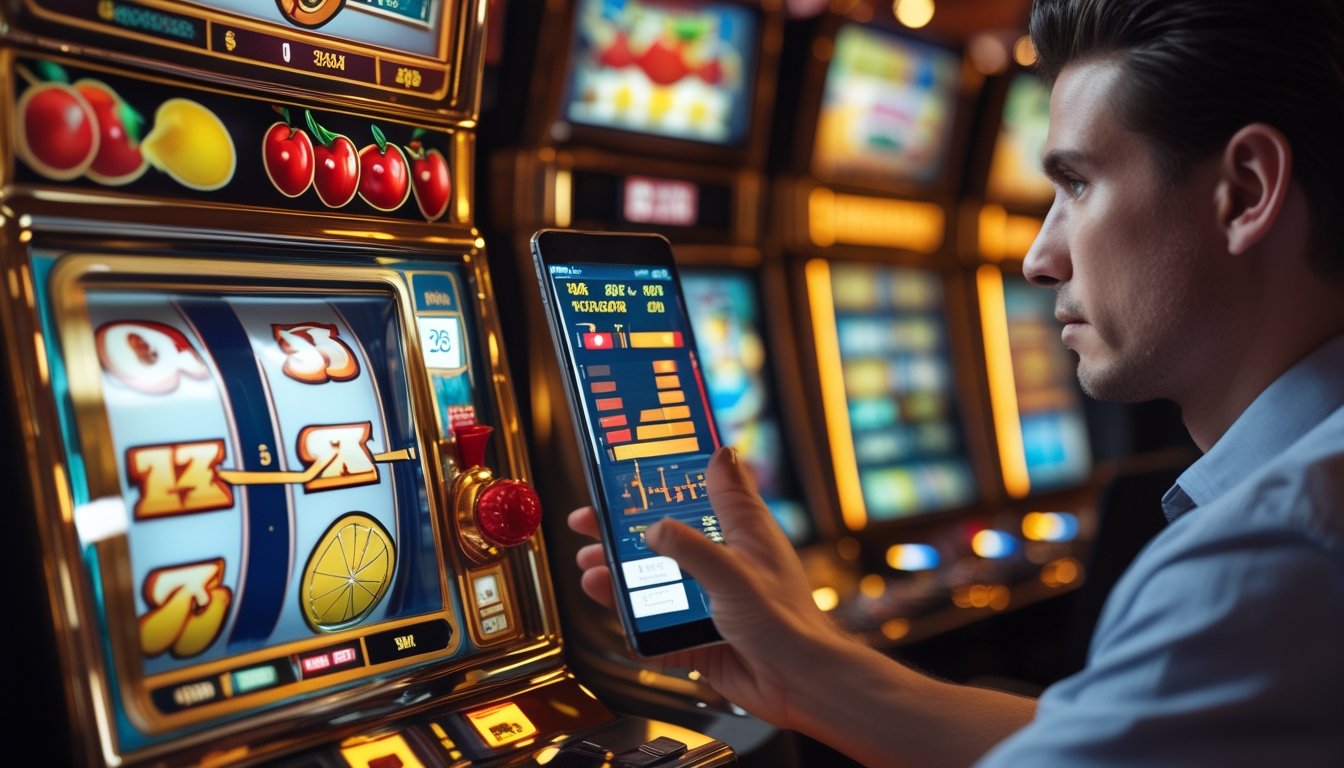 Seorang pemain memeriksa mesin slot bertema buah dan grafik analisis sebelum memasang taruhan.