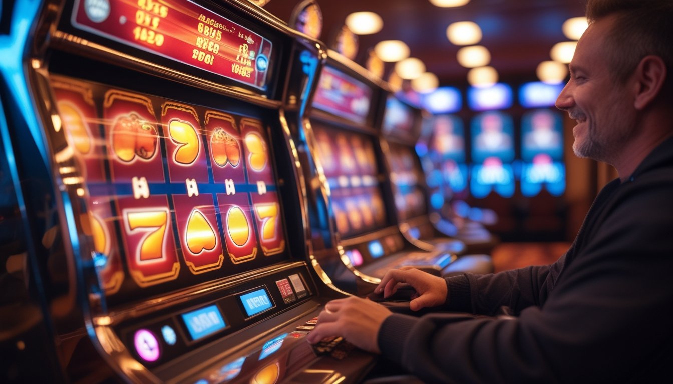 Seseorang bermain mesin slot bercahaya di dalam kasino dengan suasana hangat dan meriah.