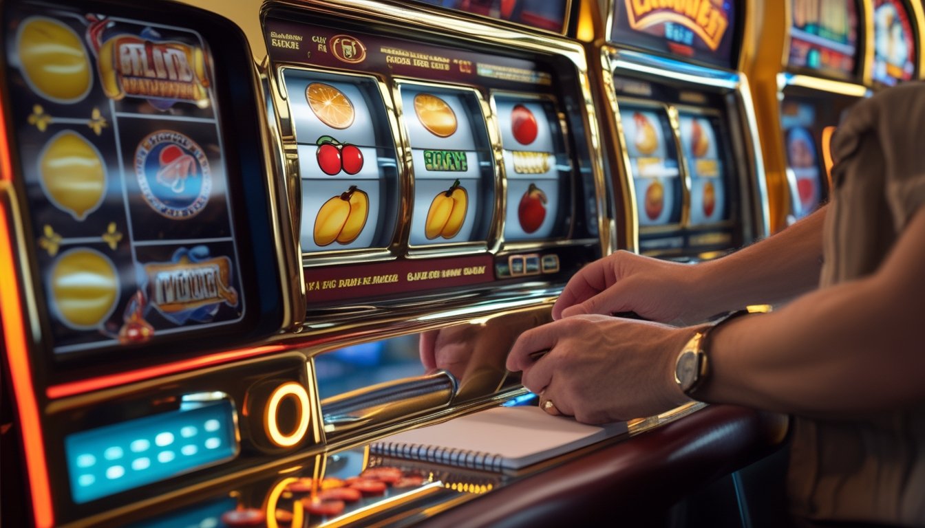 Seseorang menganalisis mesin slot bertema buah di lingkungan kasino yang elegan.