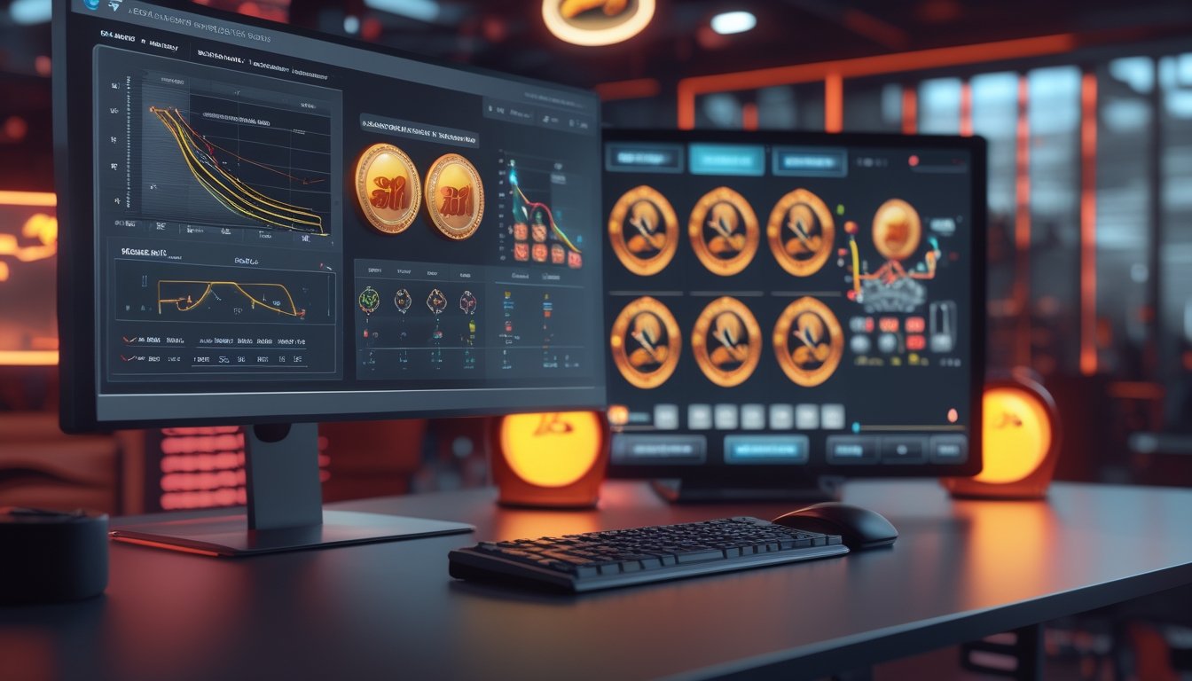 Ruang kerja modern dengan layar analitik dan mesin slot bercahaya yang menggambarkan data permainan dan peluang hadiah.