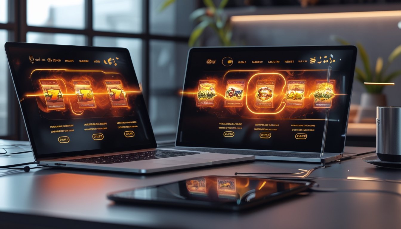 Laptop dan ponsel menampilkan antarmuka hiburan digital bercahaya di atas meja kerja modern.
