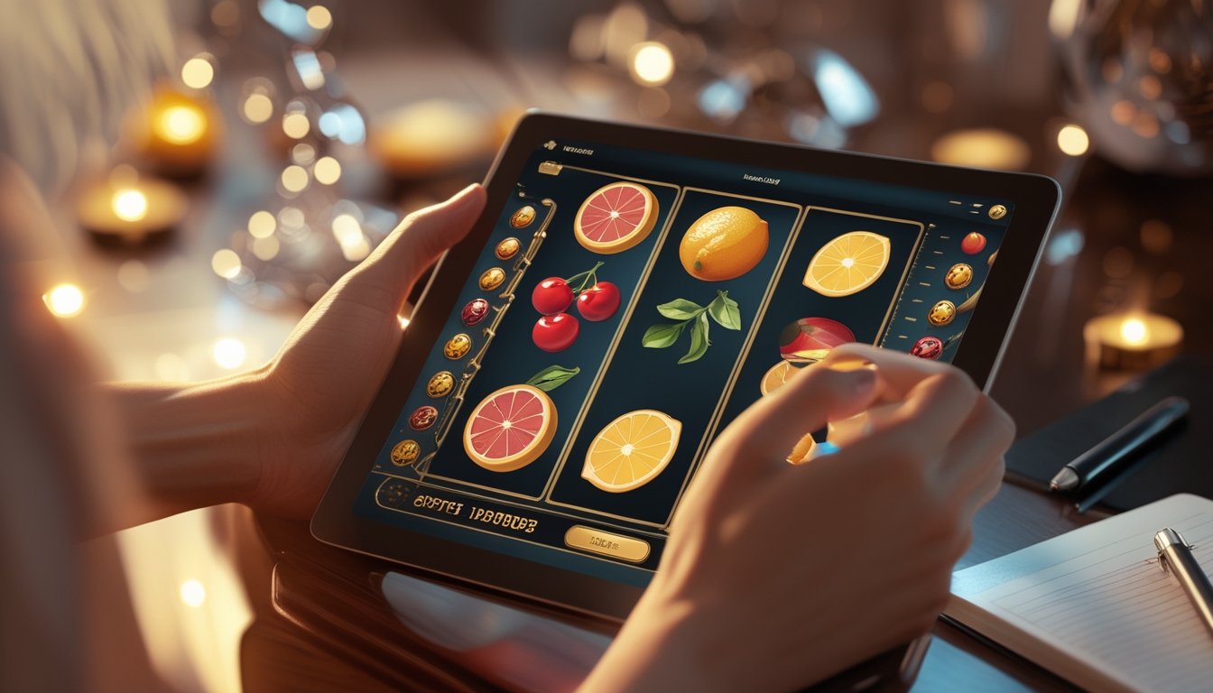 Tangan seseorang menggunakan tablet untuk berlatih permainan slot bertema buah, dengan buku catatan dan pena di sampingnya.