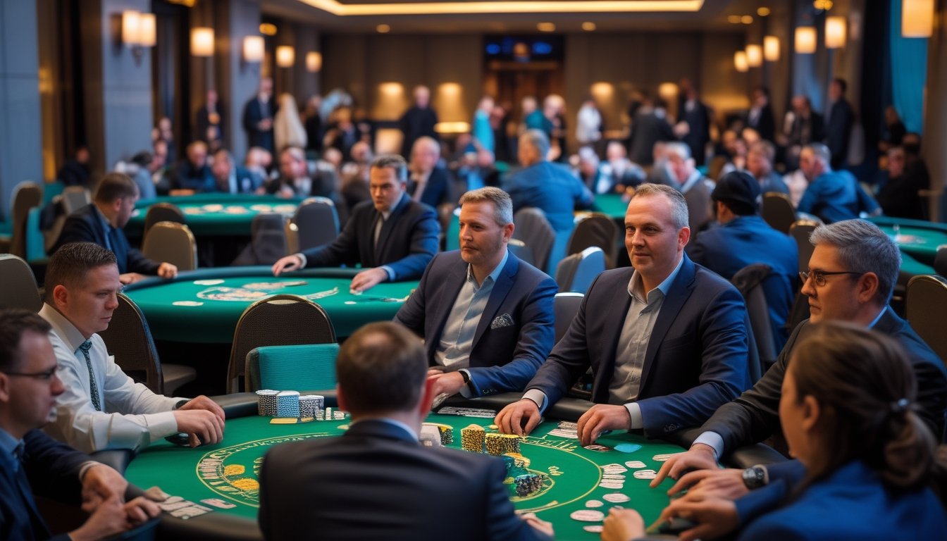 Suasana turnamen poker sampingan yang ramai di dalam ruang kasino, dengan pemain, dealer, kartu, dan keping poker di beberapa meja.