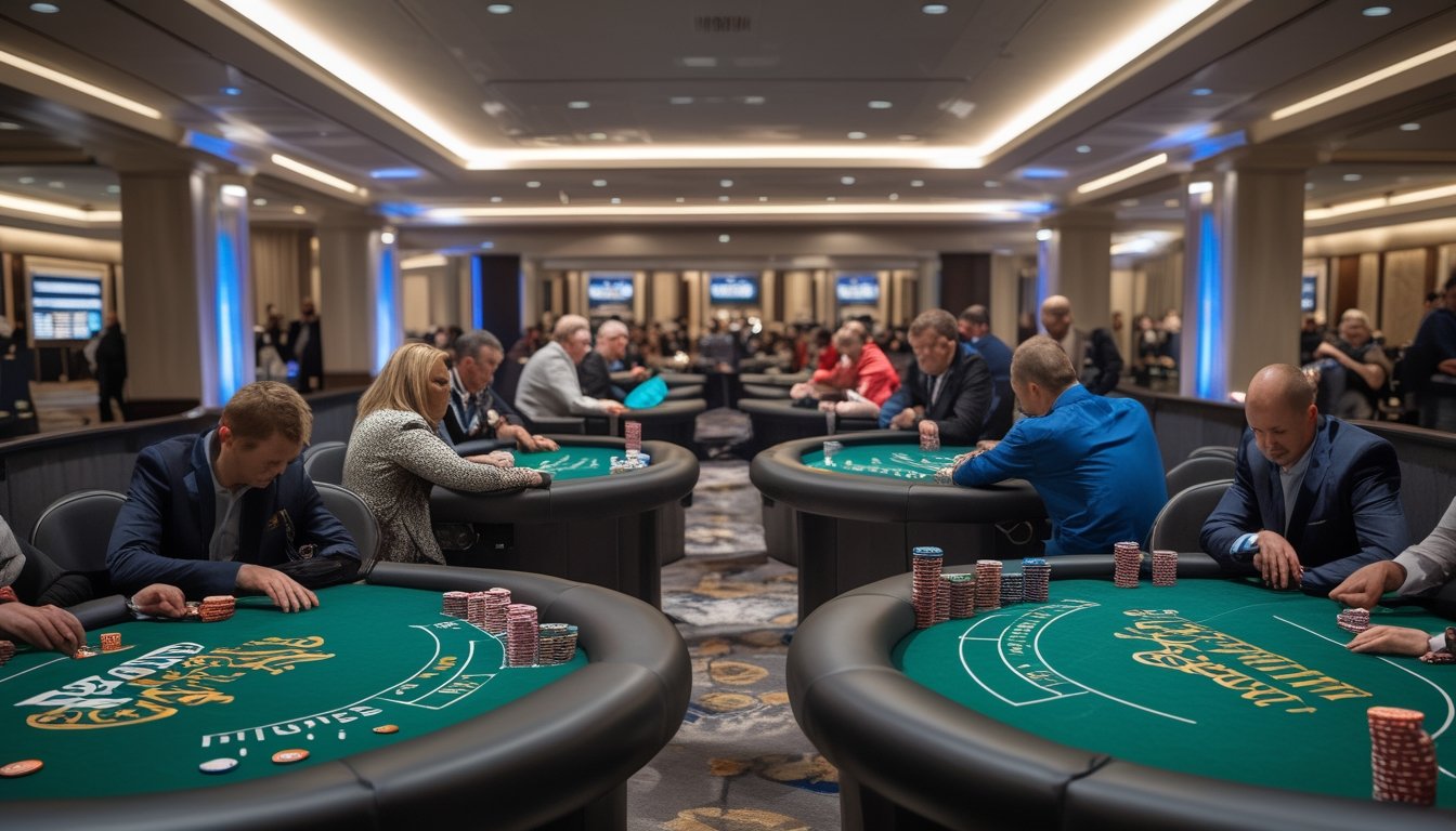 Suasana acara sampingan turnamen poker dengan pemain, dealer, meja poker, dan penonton di dalam venue yang ramai.