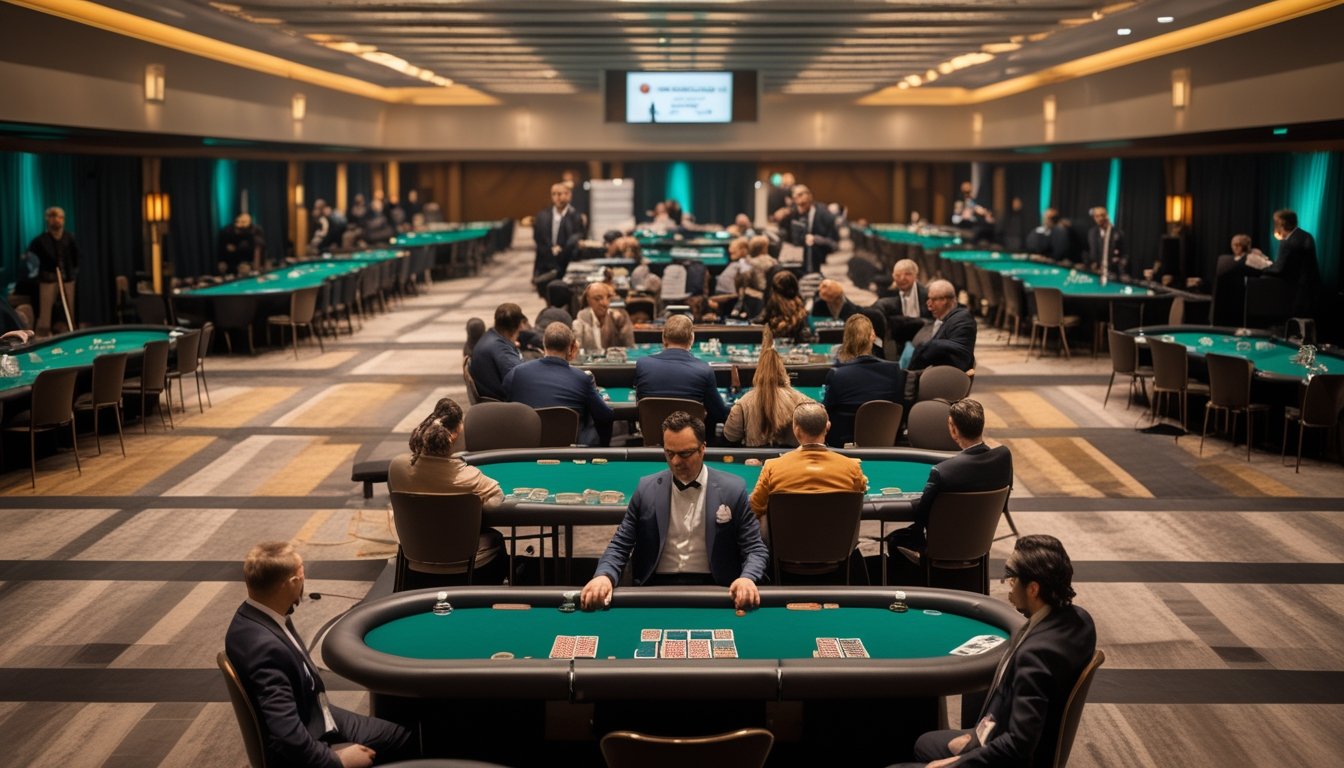 Suasana turnamen poker besar dengan banyak peserta, meja poker, kartu, dan tumpukan keping yang menggambarkan peningkatan jumlah peserta.