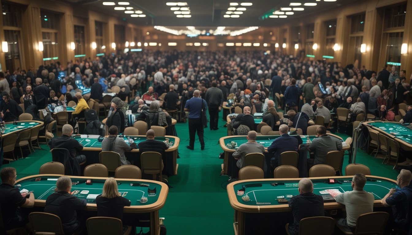 Suasana turnamen poker besar dengan banyak peserta di berbagai meja permainan.