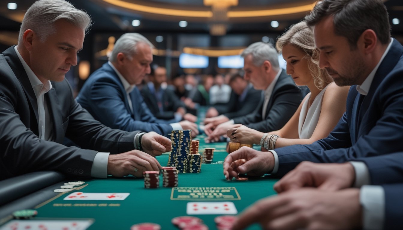 Pemain poker profesional beraksi di meja turnamen dengan tumpukan chip dan suasana kompetitif.