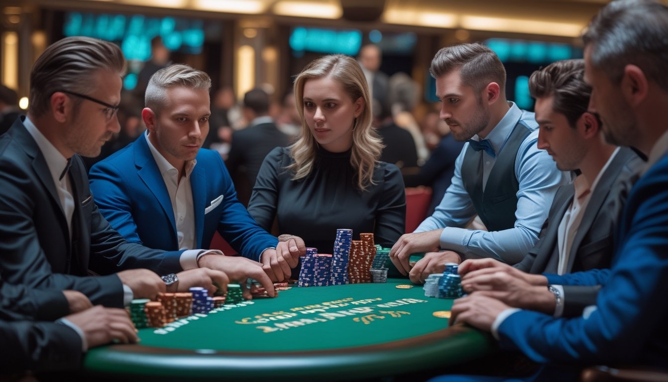 Pemain poker beradu dalam turnamen berisiko tinggi di meja dengan kartu dan keping poker.