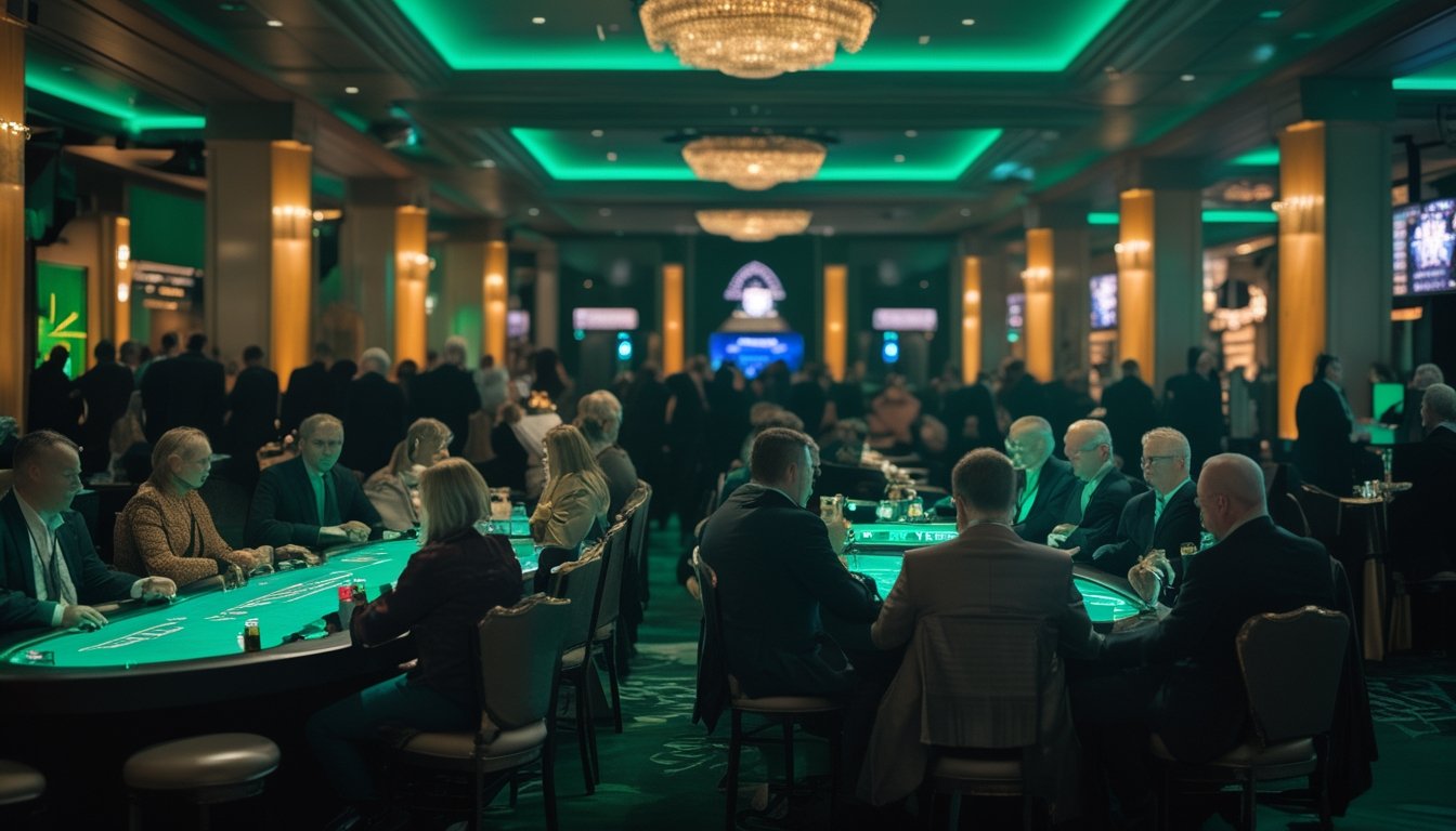 Suasana malam meriah di festival poker Irlandia dengan permainan poker, pengunjung bersosialisasi, dan hiburan panggung.