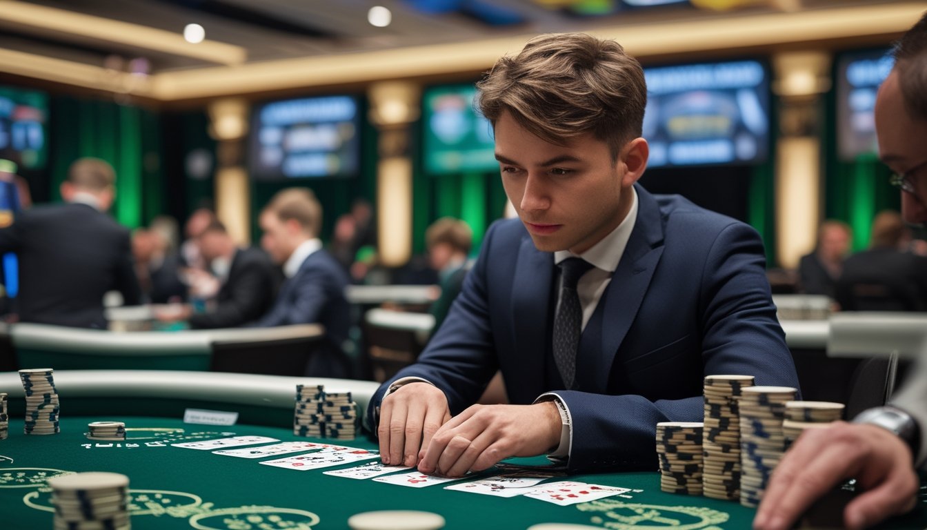 Pemain poker menganalisis kartu dan tumpukan chip di meja turnamen.