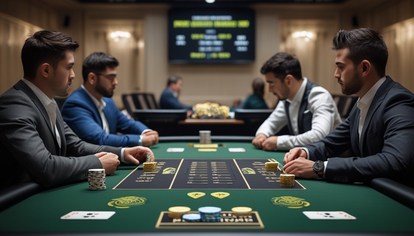 Meja turnamen poker dengan pemain, dealer, kartu, dan tumpukan chip dalam suasana kompetitif.
