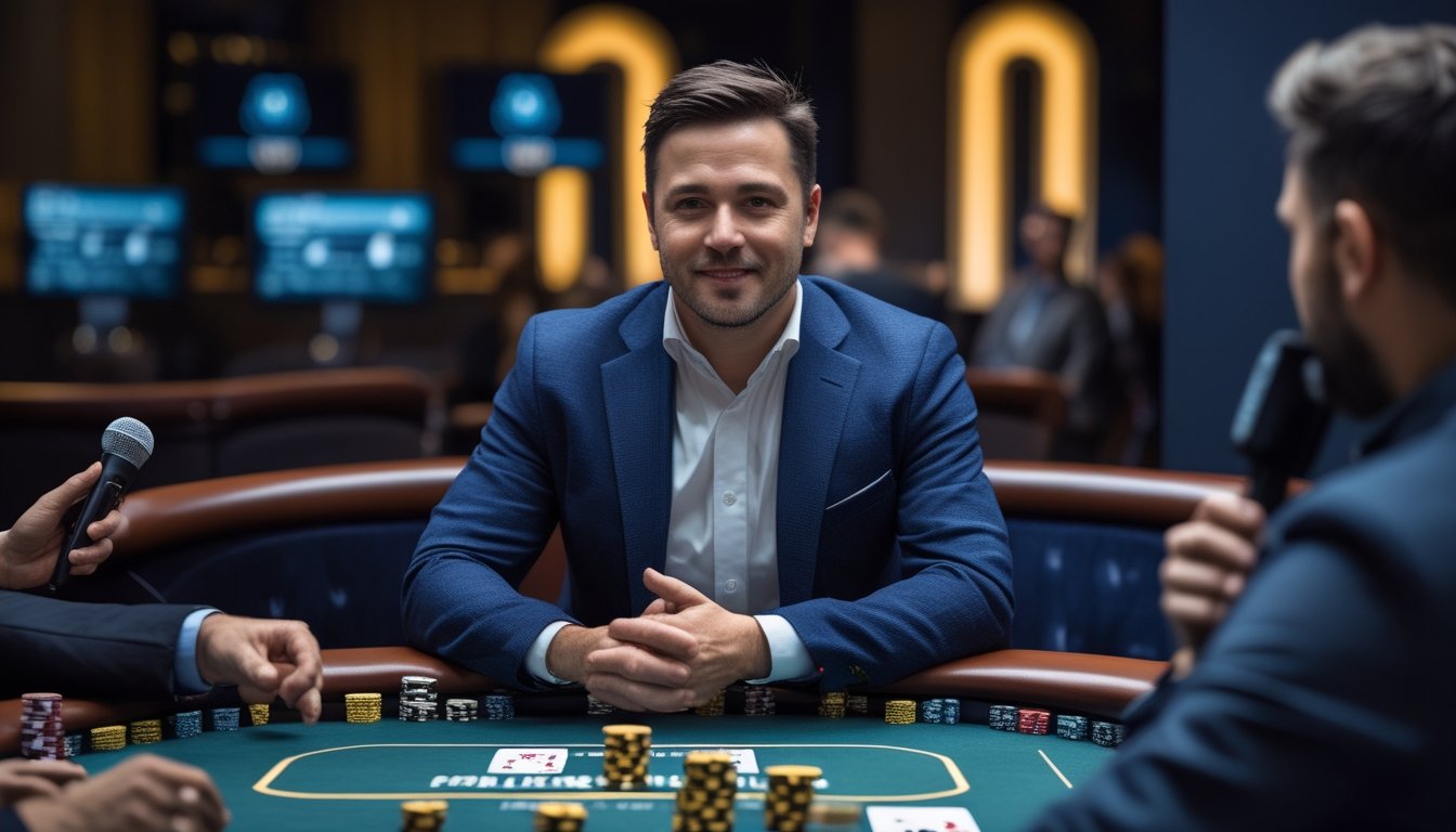 Juara poker diwawancarai di meja turnamen dengan tumpukan chip dan kartu.