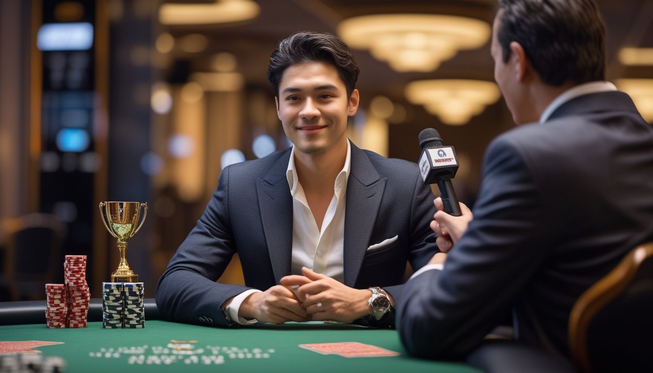 Juara poker baru diwawancarai di meja kasino dengan trofi dan perlengkapan poker di latar belakang.