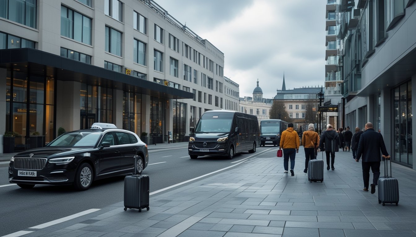 Wisatawan dengan koper tiba di hotel Dublin menggunakan taksi dan bus kota.