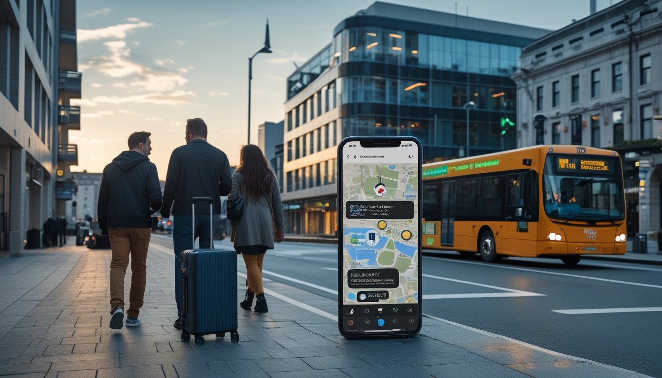 Wisatawan dengan koper memilih hotel modern dekat transportasi umum di kawasan kota Dublin.