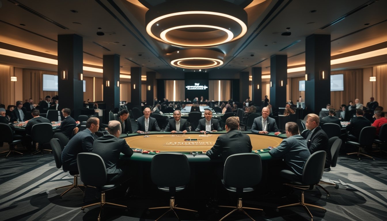 Turnamen poker internasional berlangsung di aula kasino modern dengan pemain dari berbagai negara dan banyak meja permainan.