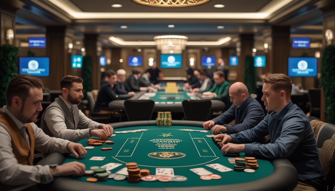 Suasana turnamen poker profesional di ruang kasino dengan pemain, dealer, kartu, dan tumpukan chip.
