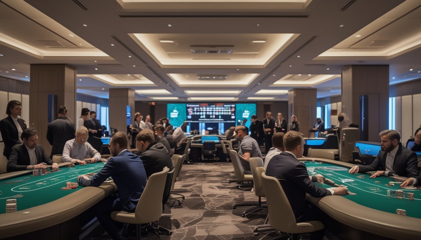 Suasana turnamen poker profesional dengan pemain, dealer, meja poker, dan pengawas acara di sebuah ruang pertandingan modern.