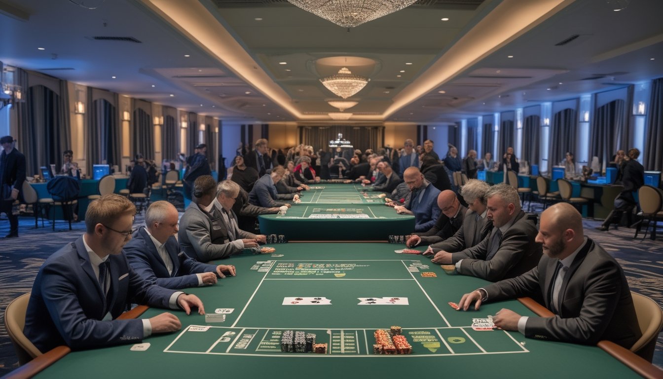 Turnamen poker profesional dengan pemain Eropa, meja poker berlampu hangat, penonton, dan suasana kompetisi internasional.