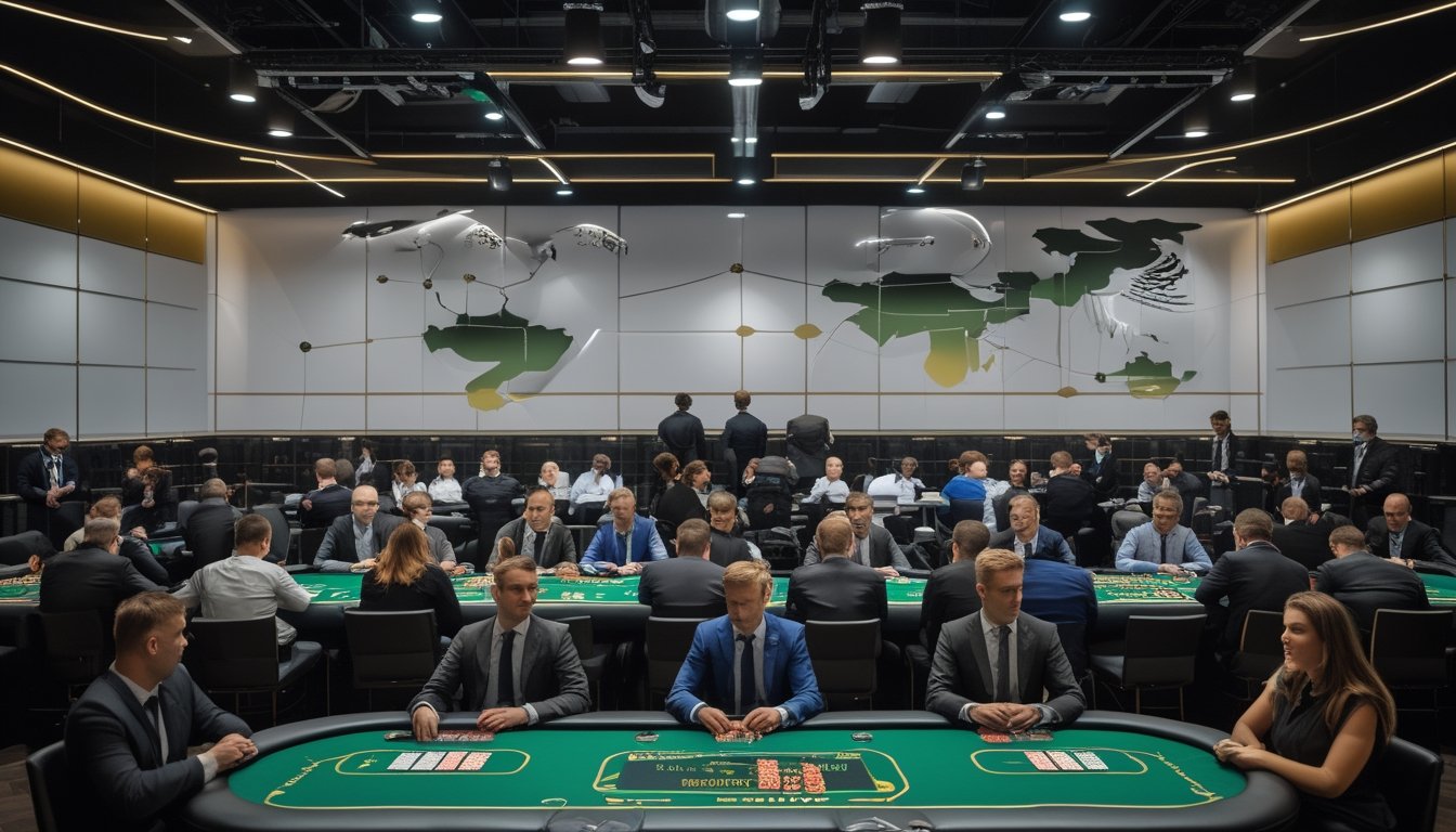 Suasana turnamen poker besar di Dublin dengan pemain Eropa, meja poker, dan staf profesional.