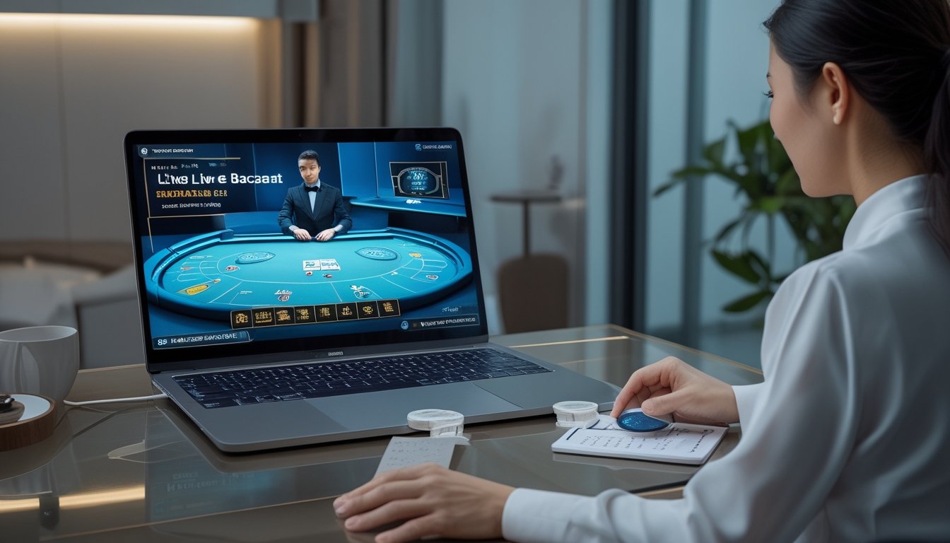 Seorang pemula mempelajari permainan baccarat langsung melalui laptop di ruang modern.