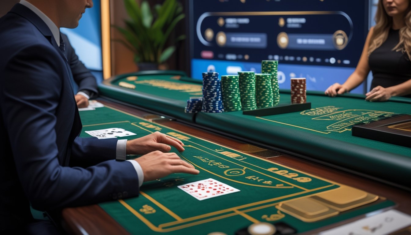 Dealer menjelaskan alur meja baccarat langsung kepada pemula di studio kasino dengan kartu dan chip di atas meja.
