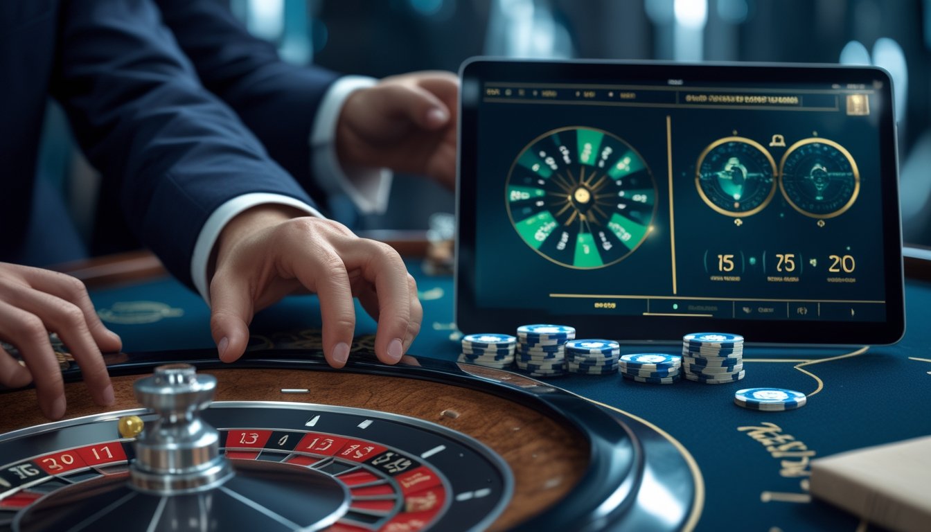 Pemain menempatkan sejumlah kecil chip di meja roulette sementara dealer mengoperasikan roda permainan.