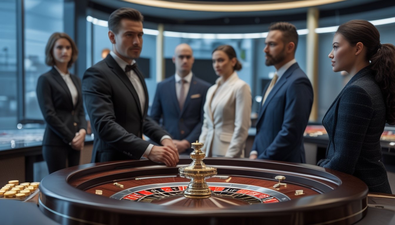 Dealer memandu permainan roulette langsung dengan beberapa pemain yang mengamati meja secara tenang.
