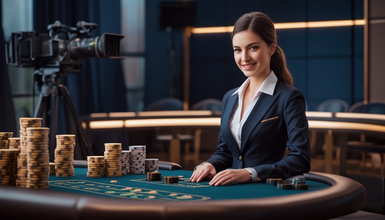 Dealer profesional memandu permainan blackjack langsung di meja kasino dengan kartu dan keping taruhan.