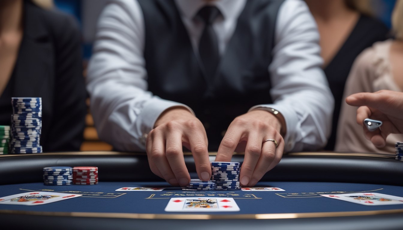 Dealer membagikan kartu blackjack di meja kasino dengan chip dan pemain.