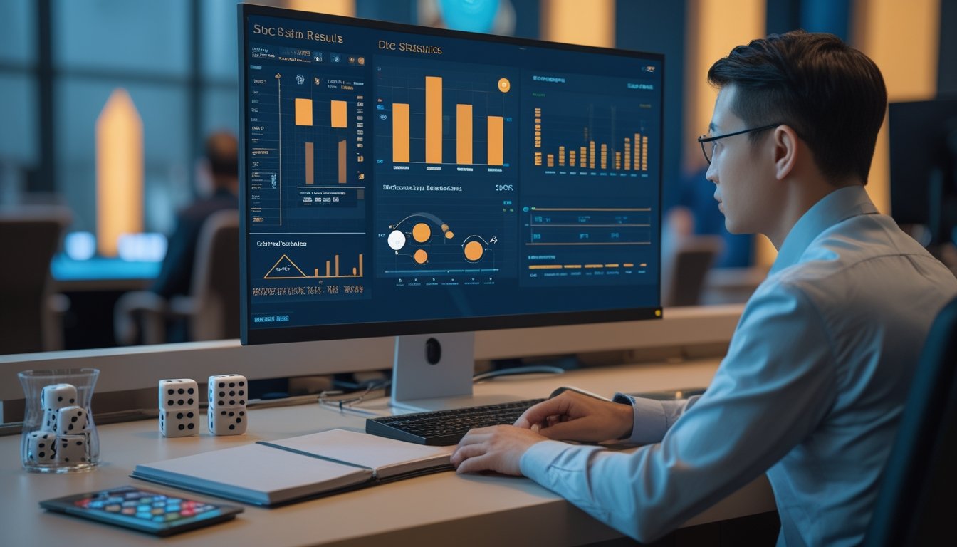 Seorang analis mempelajari grafik statistik abstrak di depan komputer dengan tiga dadu Sic Bo di meja.
