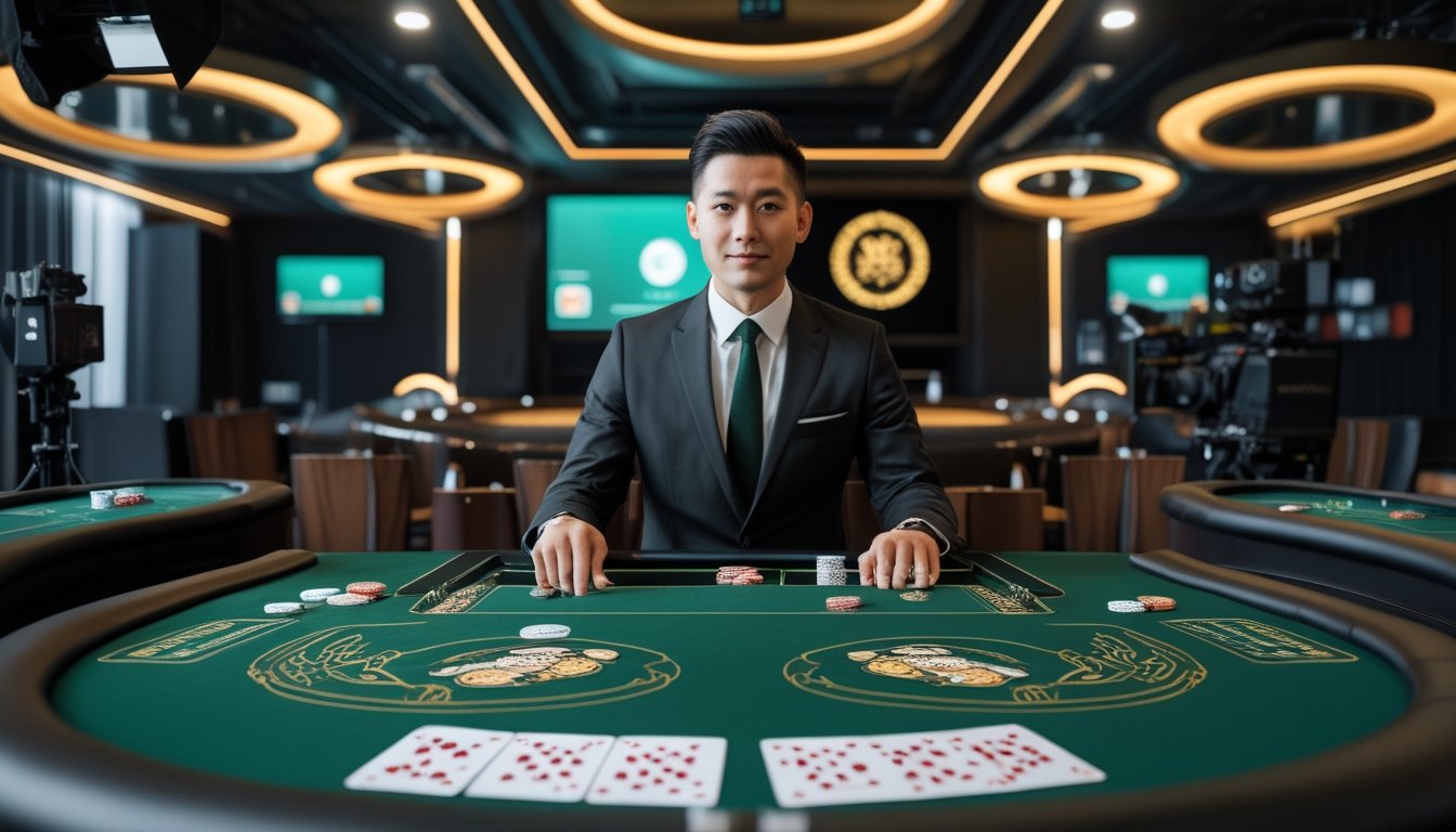 Meja permainan Dragon Tiger dengan kartu, keping kasino, dan dealer dalam suasana kasino modern.