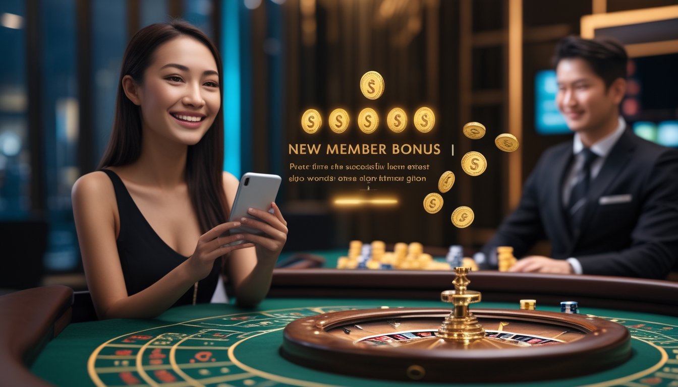 Seorang wanita tersenyum memegang ponsel di dalam kasino dengan dealer dan meja roulette di latar belakang.