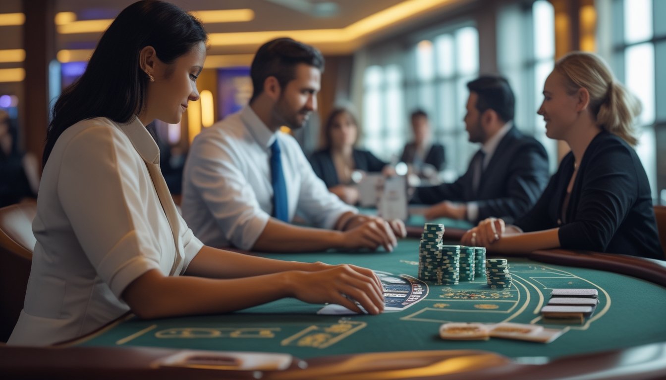 Suasana kasino modern dengan dealer dan beberapa pemain dewasa di meja permainan.