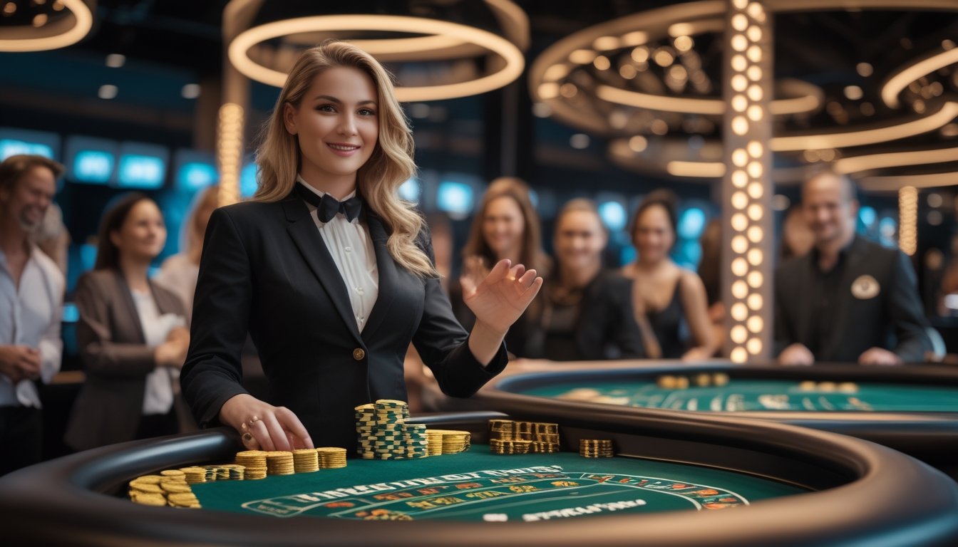 Dealer dewasa menyambut pemain di meja roulette dalam suasana kasino mewah dengan koin emas dan chip kasino.