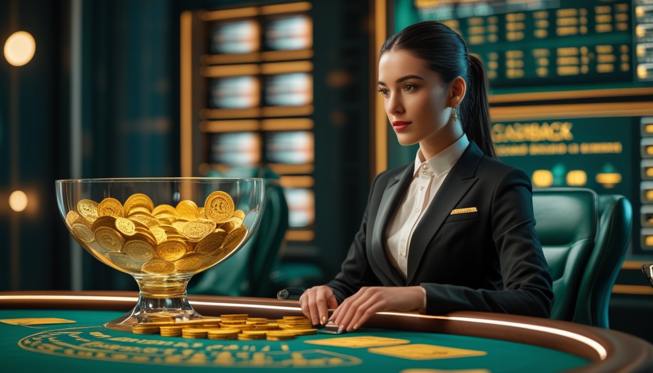 Dealer kasino berada di meja permainan dengan koin emas yang melambangkan hadiah cashback mingguan.