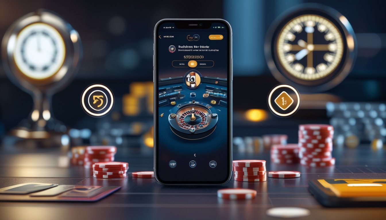Ponsel menampilkan suasana kasino langsung dengan elemen pembayaran digital, dikelilingi kartu, chip, dan roda roulette.