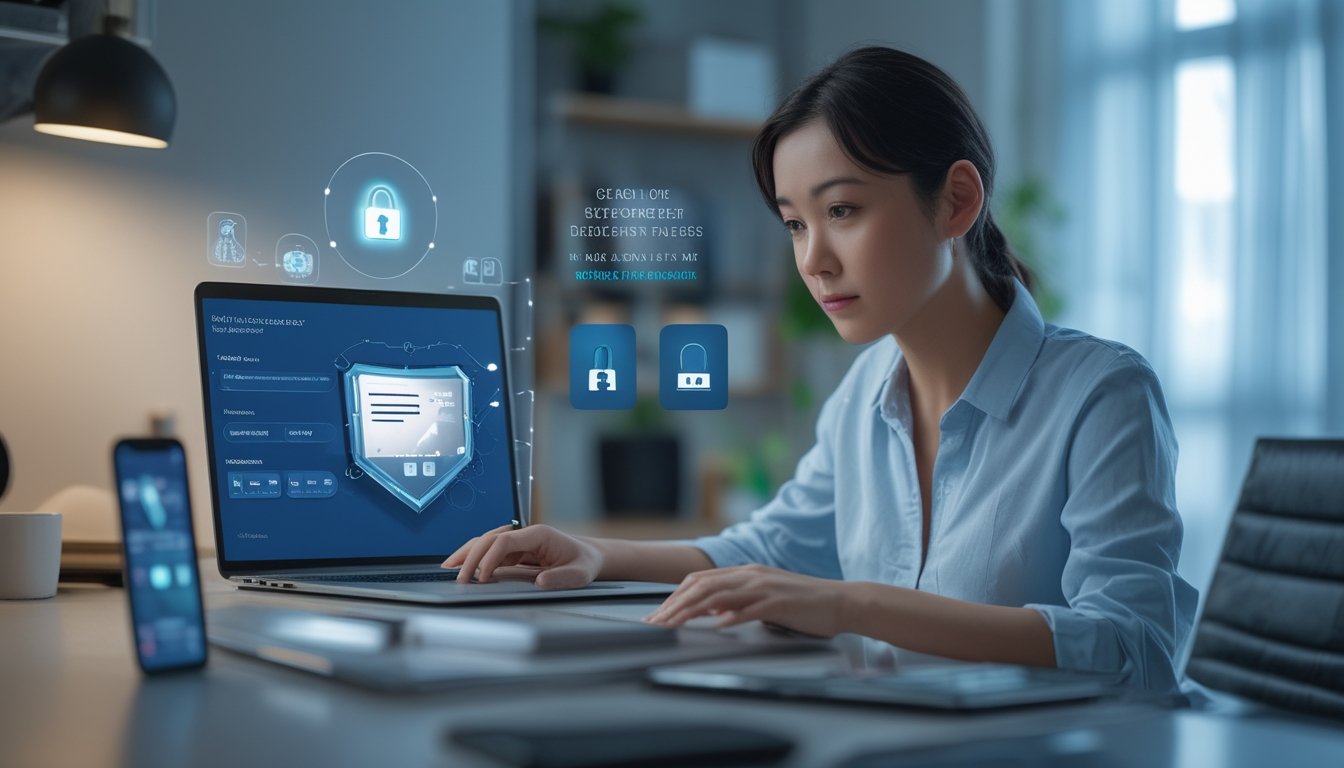 Seseorang membandingkan platform digital yang aman di laptop dengan ponsel dan simbol perlindungan di meja kerja.