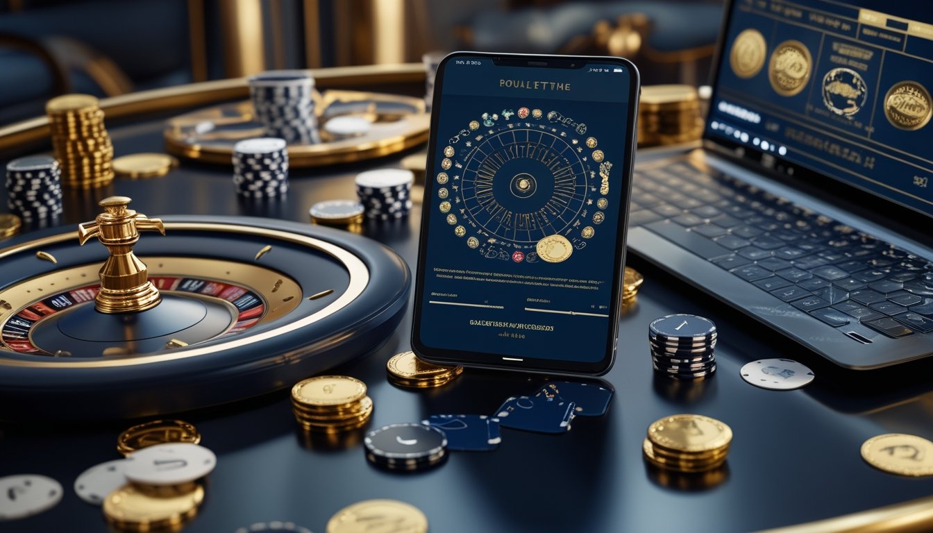 Meja permainan kasino dengan roda roulette, keping judi, kartu, dan perangkat digital dalam suasana elegan.